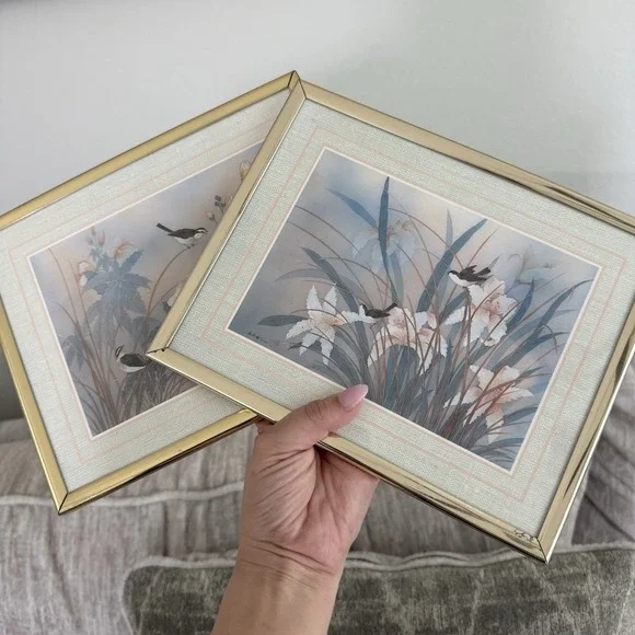 Vintage Chinese Watercolor Painting Framed Set of 3 Birds Flowers Signed - Picture 14 of 14